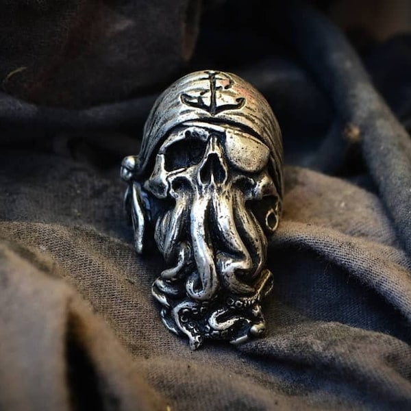 Bague tête de mort tentacule monstre Kraken, bagues tête de mort en étain sans plomb faites main, cadeau d'halloween parfait pour vos proches