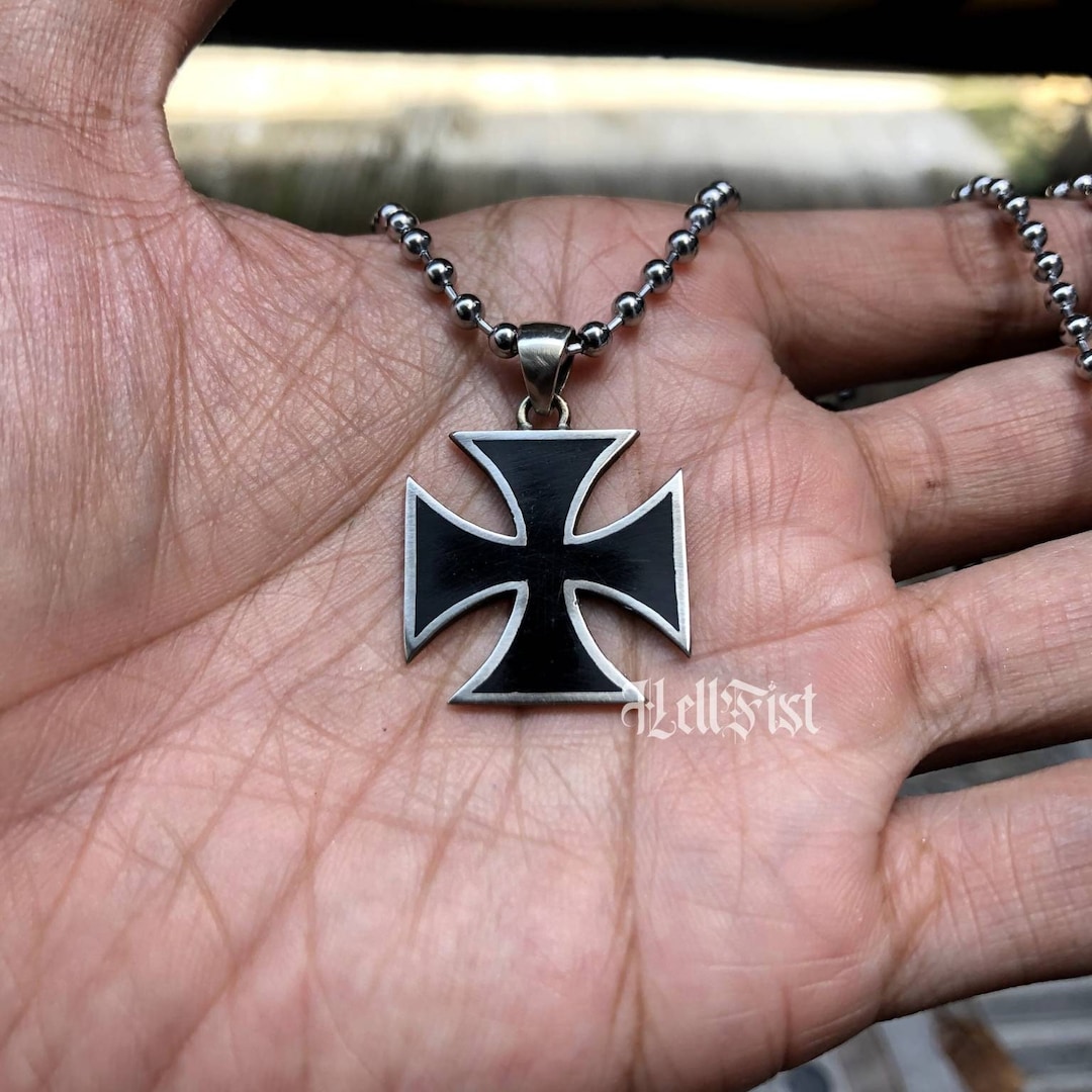 Handmade Iron Cross Silver Biker Necklace, Black Colored Silver Pendant