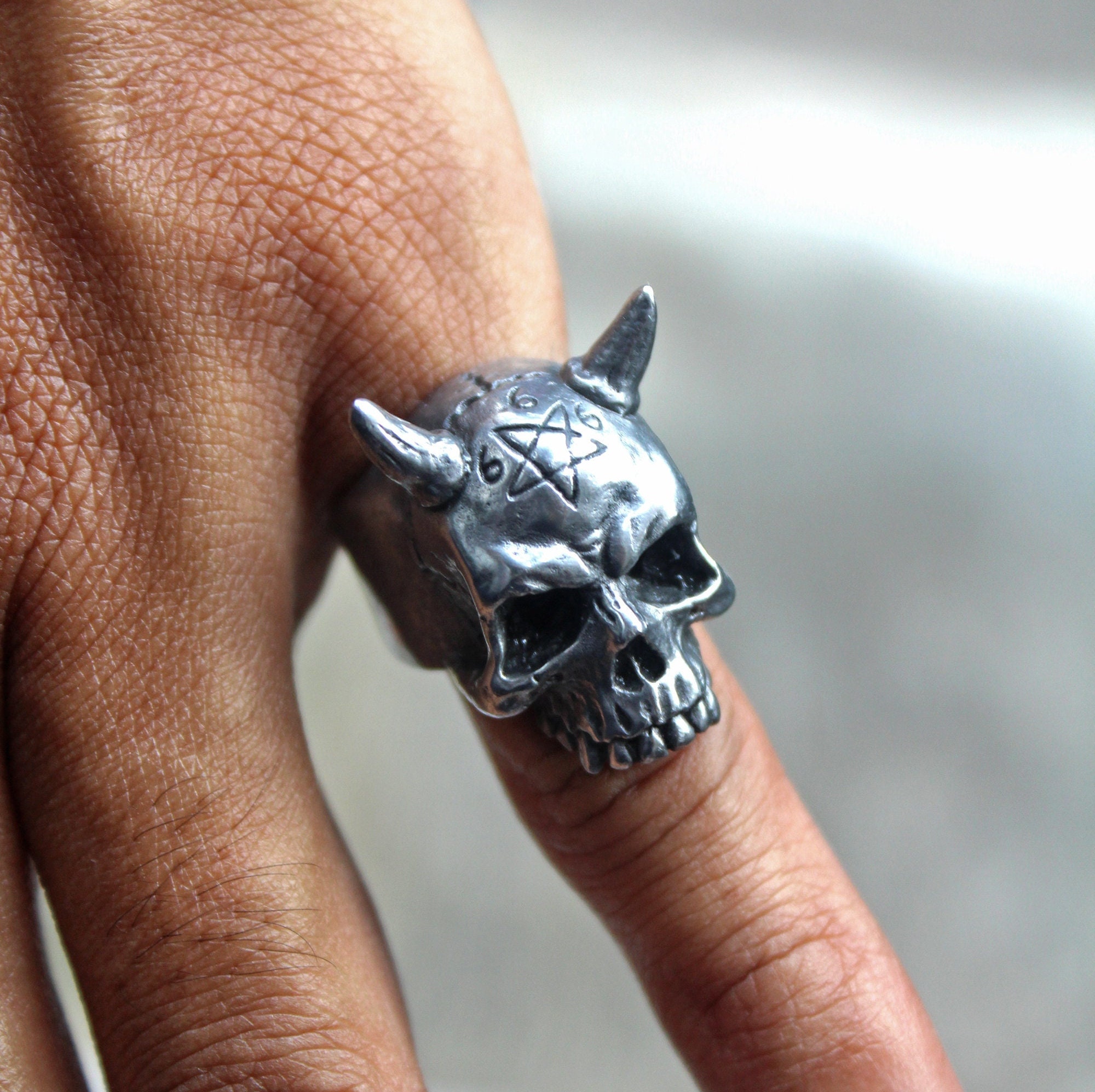 Devil Satanic 666 Jawless Skull Ring, Handmade Lead Free Pewter