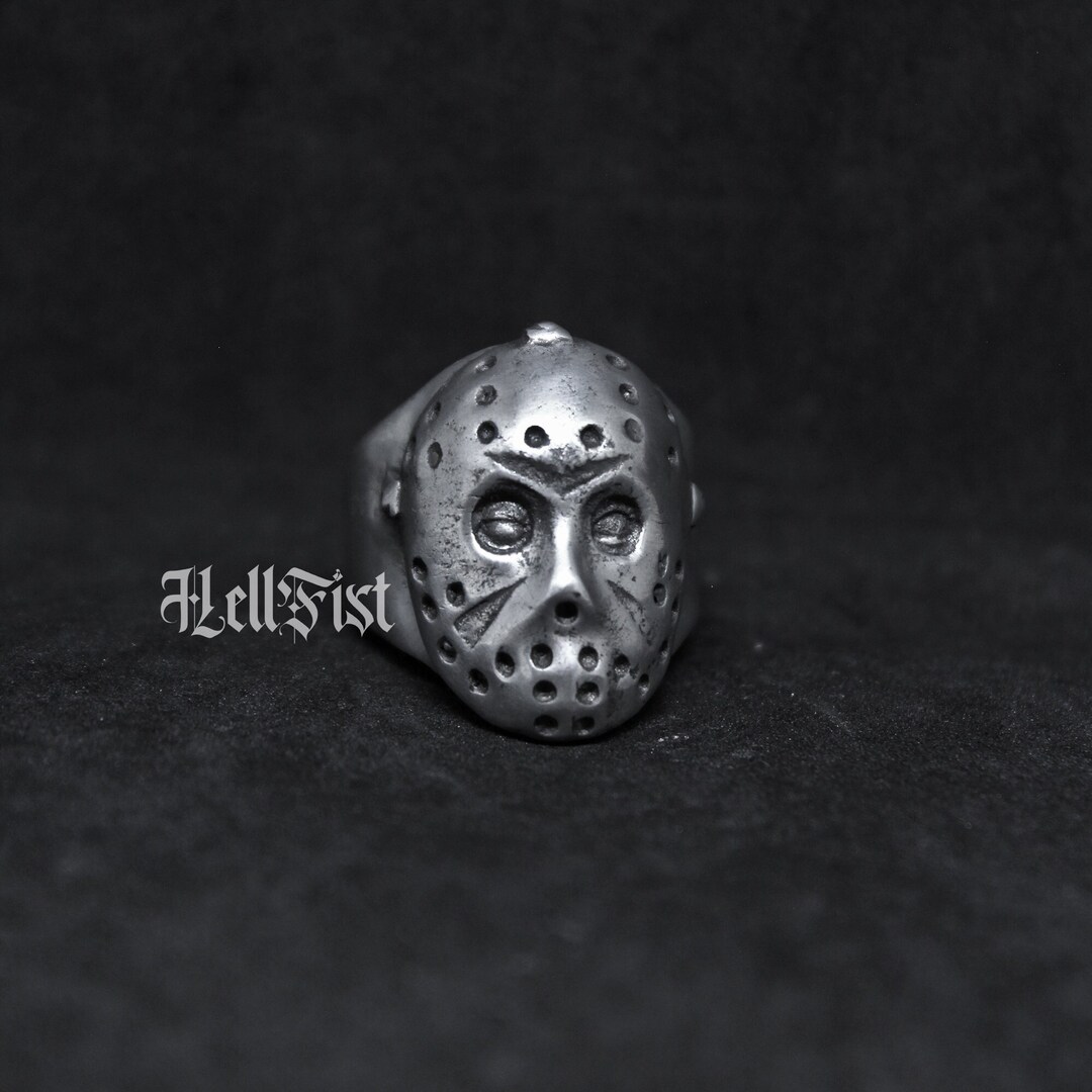 Handmade Jason Friday the 13th Hockey Mask Serial Killer Ring, Oxidized