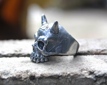 Devil Satanic 666 Jawless Skull Ring, Handmade Lead Free Pewter