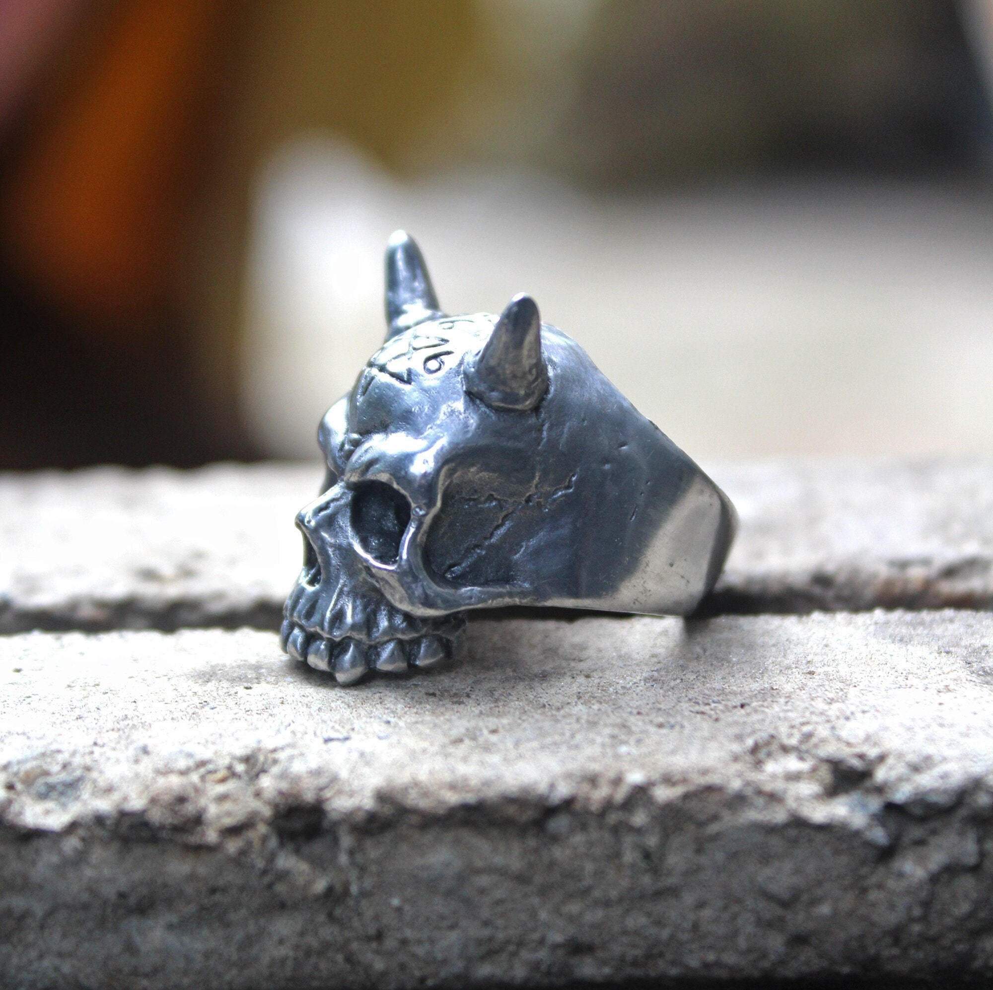 Devil Satanic 666 Jawless Skull Ring, Handmade Lead Free Pewter