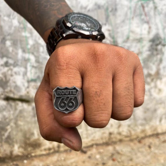 Handmade Route 66 Logo Sign Signet Ring. Oxidized Lead Free Pewter