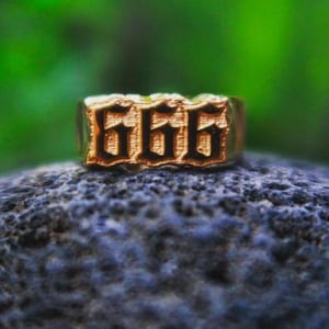 May include: A gold-colored ring with the number 666 in a bold, gothic font. The ring is set against a blurred, dark background, highlighting the ring's design. The ring is a statement piece.