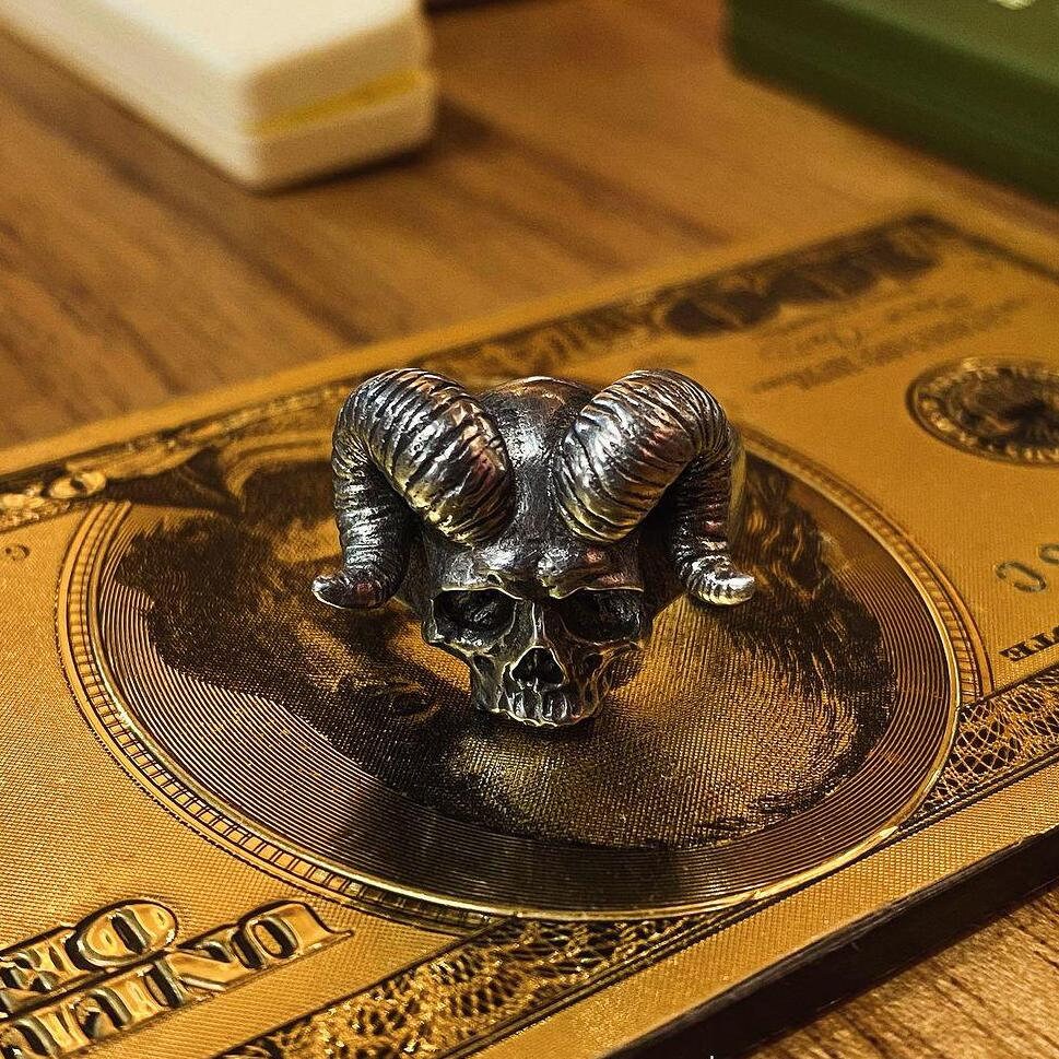 Devil Satanic Goat Horns Baphomet Jawless Skull Ring, Handmade