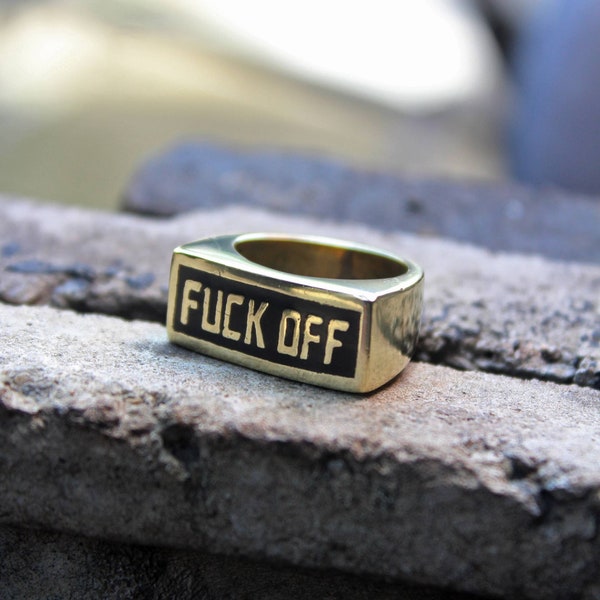 Insult words silver signet ring, Fuck off signet ring, Handmade brass and sterling silver rings, Perfect biker gift