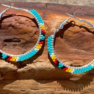 Handcrafted Beaded Hook Earrings - Multi-Color Orange Turquoise Blue Yellow - 3.5"
