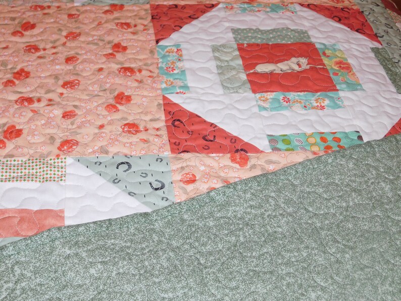 Handmade Coral and Sage Green Horse Quilt Large Throw or Twin Size
