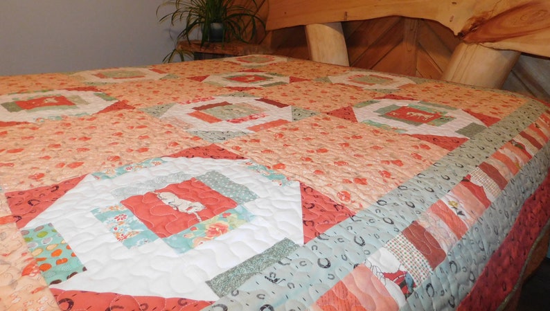 Handmade Coral and Sage Green Horse Quilt Large Throw or Twin Size