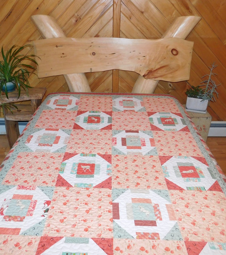 Handmade Coral and Sage Green Horse Quilt Large Throw or Twin Size