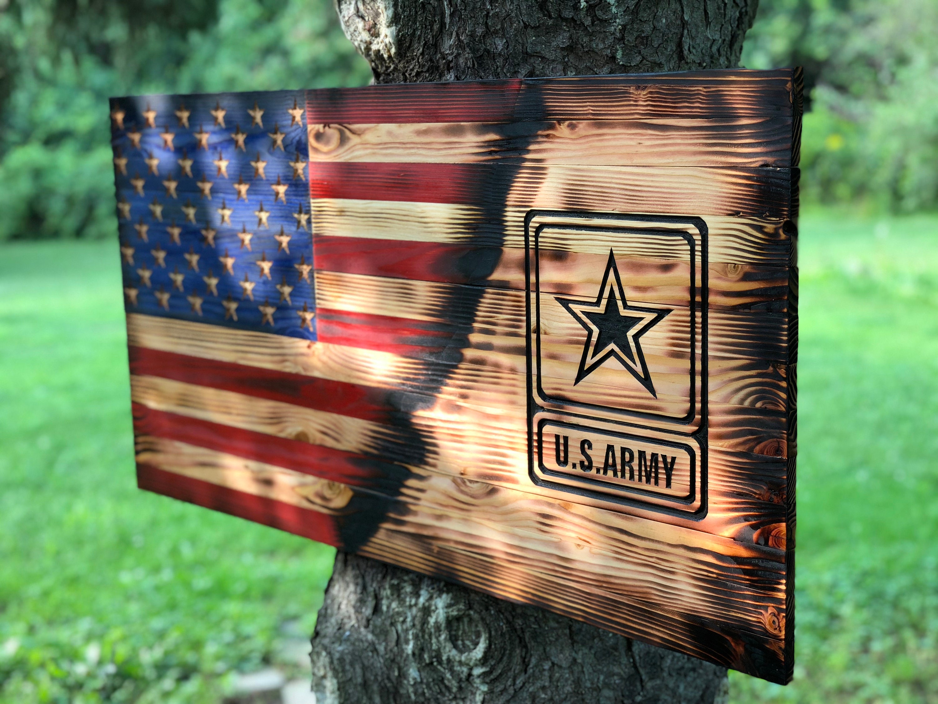 Rustic Wooden American Flag With United States Army Wood Etsy