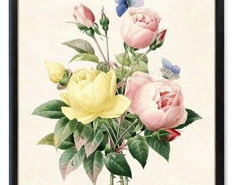 Rose Bouquet Printable, Pastel Pink and Yellow Roses Art Print, P.J. Redoute Antique Illustration, Floral Wall Decor INSTANT DOWNLOAD
