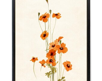 Amapolas naranjas imprimibles, ilustración vintage de amapolas de viento, impresión botánica para pared, descarga instantánea