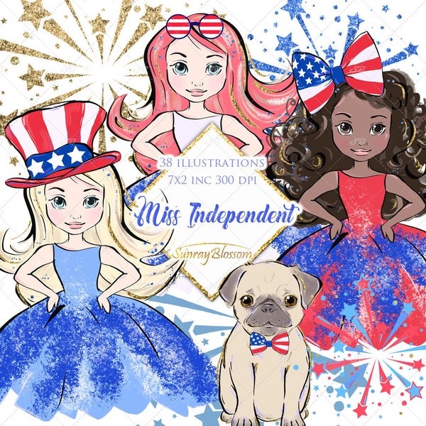 4th of July Clipart Patriotic Clipart Planner 4th of July Stickers Independence Day Girl Dolls 4th of July Fabric Glitter Fireworks Pug DIY