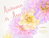 Dahlia Wreath Watercolor Clipart Floral DIY invitation Hand Painted Clip Art Greeting Card Fall Flowers Decoration Planner Fallleaves Autumn