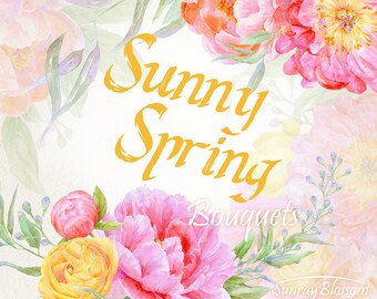 Peony Bouquets Watercolor Clipart Hand Painted Flowers Clip Art Peonies Rununculuses Wedding Decorations Spring Flowers Floral Greeting Card