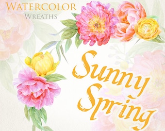 Peony Wreaths Watercolor Clipart Hand Painted Flowers Clip Art Peonies Rununculuses Wedding Decorations Spring Flowers Floral Greeting Card