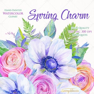 Anemone Ranunculus Spring Flowers Floral Bouquet Watercolor Clipart Hand Painted Clip Art DIY Wedding invitations Bridal Greeting card