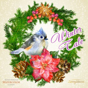 Noël Clipart Aquarelle Clip Art Cartes de voeux Décorations Nouvel An décorations Couronne de Noël Oiseau d’hiver étoiles de Pin Cône de pin Conifers