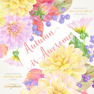 Buquê de dálias aquarela clipart convite floral pintado à mão clip art cartão de felicitações flores de outono decoração planejador folhas de outono