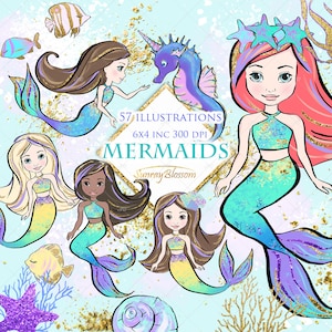 Meerjungfrau Clipart Süße Einhorn Seepferdchen Planer Sticker Seestern Sirene Meerjungfrau Puppen Clipart Muschel Tropische Fische Glitzer Meerjungfrau DIY Ozean