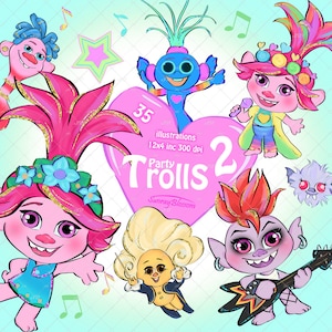 Party Trolls 2 Clipart Trolls PNG Trolls characters Trolls Inspired Clip Art Cute Trolls clipart Trolls Poppy Glitter Trolls