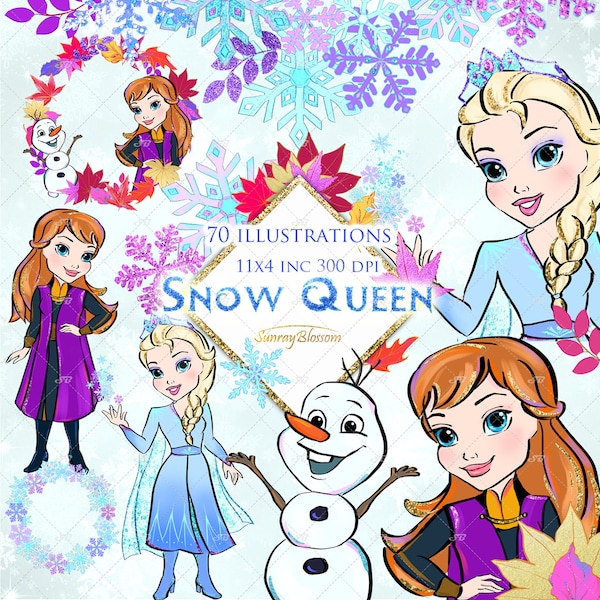 Snow Princess Clipart, Frozen Inspired Clipart, Snowflakes Clipart, Elsa Clipart, Winter Clipart, Anna Clipart, Planner Stickers, Snow Queen