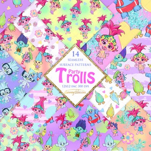 Padrões de superfície de trolls de festa, papel digital de trolls, padrões de tecido de trolls, papel digital de papoula, padrões de papoula, suprimentos para planejadores