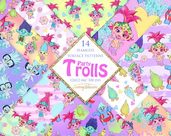 Party Trolls Surface Patterns, Trolls Digital Paper, Trolls Fabric Patterns, Poppy Digital Paper, Poppy Patterns, Planner Supplies
