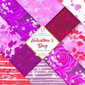 May include: A set of 12 digital Valentine's Day seamless patterns featuring pink and purple roses, hearts, leaves, and stripes. The patterns are 12x12 inches and 300 DPI.