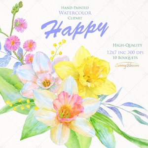 Narciso Narciso Mimosa Fiori di primavera Floral Bouquet Acquerello Clipart Mano Dipinta Clip Art Fai attè inviti biglietto d'auguri Invito