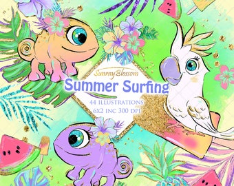 Tropical Clipart Summer Planner Stickers Tropical Fabrics Exotic Flowers Parrot Illustration Glitter Chameleon Clipart Pineapple clipart