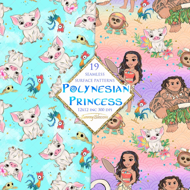 Moana Inspired Surface Patterns Princess Seamless Digital | Etsy