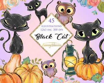 Black Cat Clipart, Fall Clipart, Autumn Clipart, Owl Clipart, Pumpkin Clipart