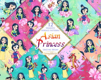 Mulan inspirierte Oberflächenmuster, Mulan inspiriertes digitales Papier, chinesische Prinzessin Stoffmuster, Planer Suplies, Musshu Digital Paper