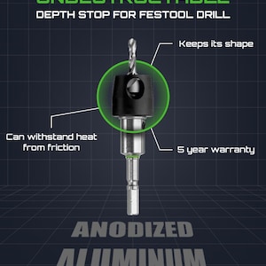 Puede incluir: Tope de profundidad de aluminio anodizado para taladro Festool. La imagen muestra una broca negra y plateada con el texto "UNDESTRUCTABLE" y "DEPTH STOP FOR FESTOOL DRILL". Incluye resistencia al calor y 5 años de garantía.
