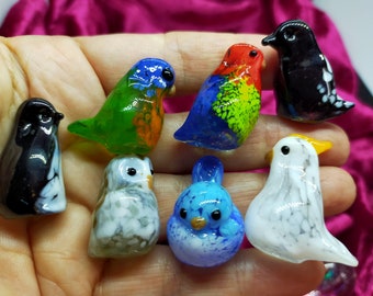 Glass birds. Owls, blue wrens, penguins, budgies, cockatoos, rosellas, robins. Miniature Australian native birds. Price is for one item.