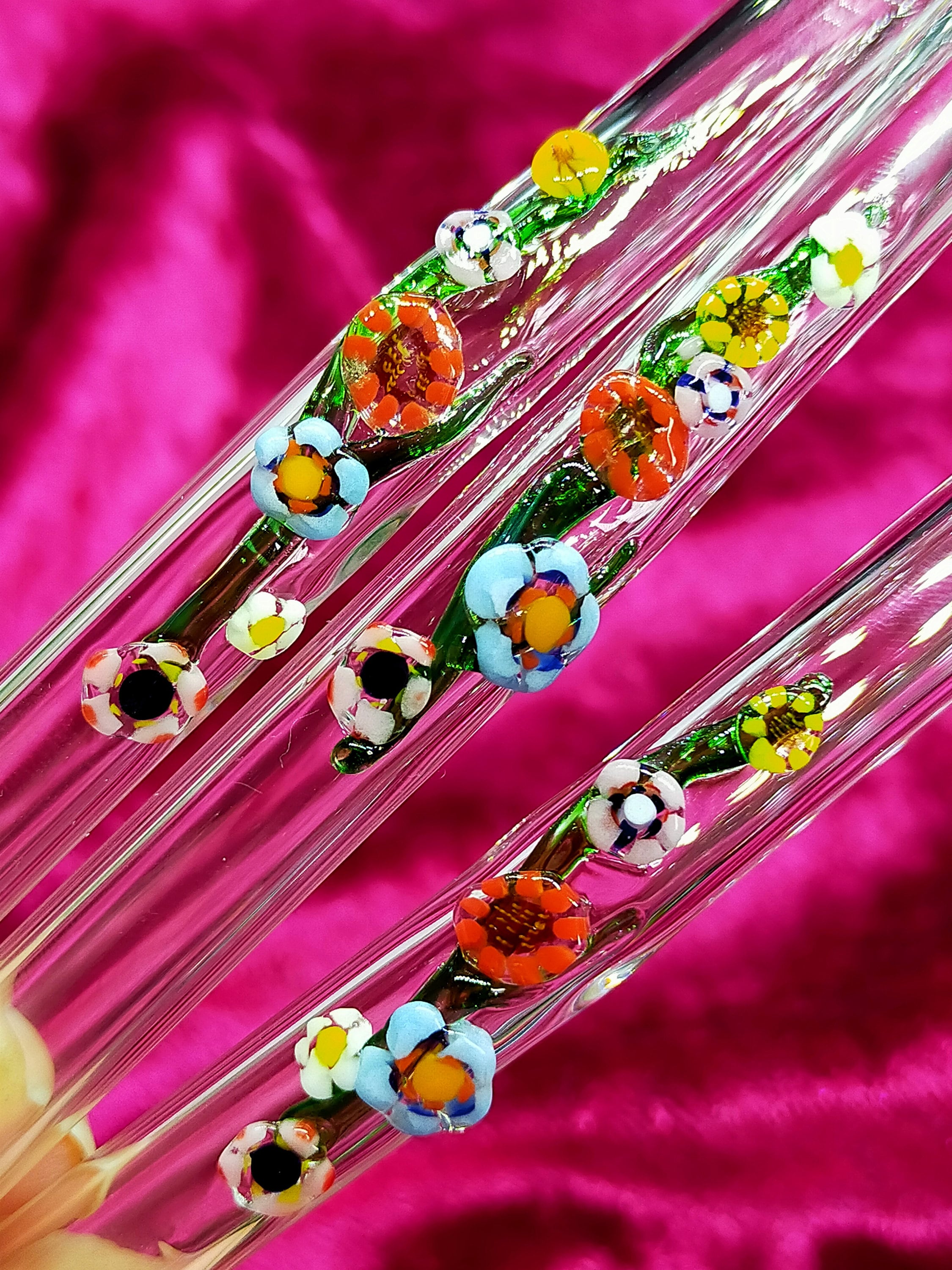 Price is for one straw they come with a cleaner and gift boxed Pyrex glass drinking straws millefiori design