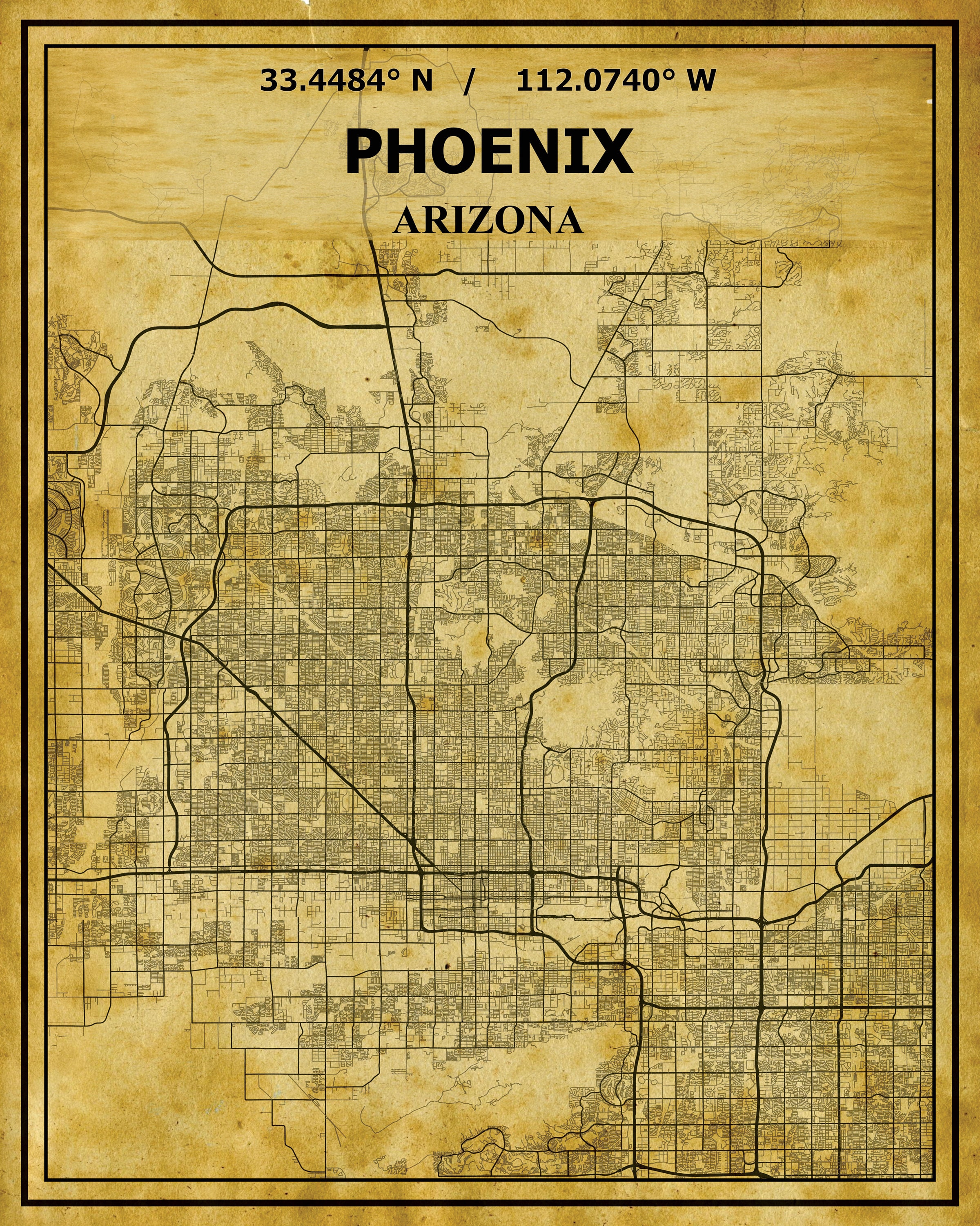 Phoenix Rude Map City of Phoenix Street Map - Unframed Graphic Art, Vintage Map, Arizona ...