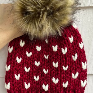 tiny hearts beanie | cranberry | brown faux fur pom