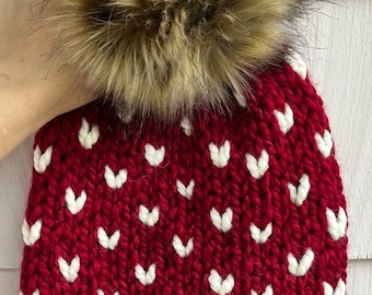 tiny hearts beanie | cranberry | brown faux fur pom