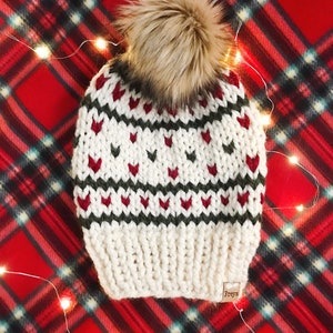 Fargo Beanie | cream with red and green accent | adult size | removable faux fur pom