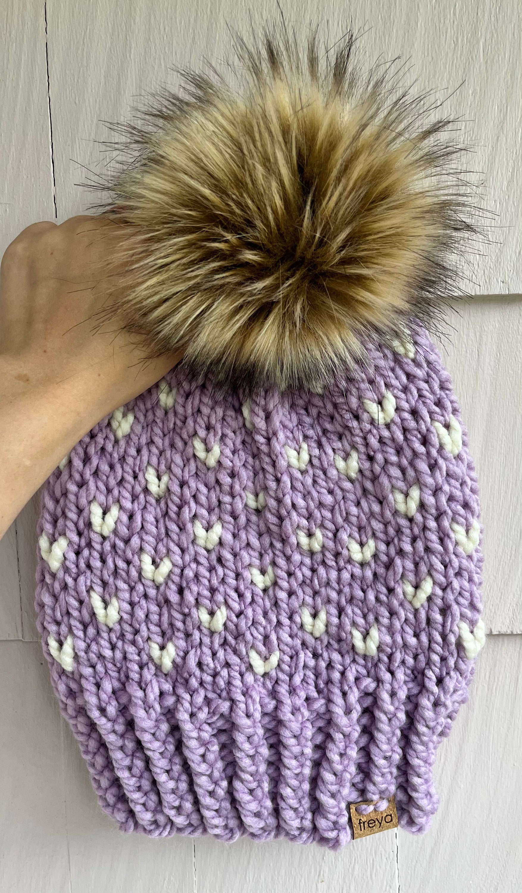 Tiny Hearts Beanie | Lilac | Faux Fur Pom - Etsy