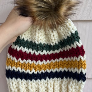 hudson bay striped beanie | hand knit | removable faux fur pom