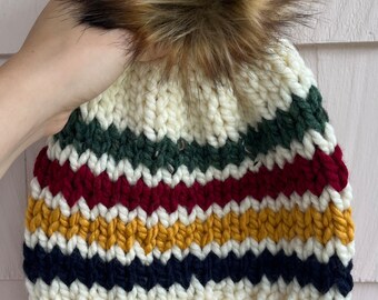 hudson bay striped beanie | hand knit | removable faux fur pom