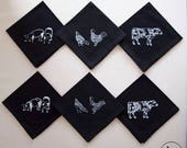 6 table napkins pack | cotton | original drawing art print | chicken cow pig farm countryside colored flashy funny 