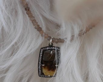 Agate and White Topaz Pendant on a Moonstone Necklace