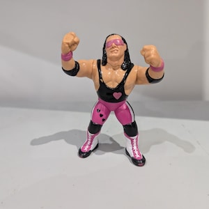 May include: A plastic wrestling action figure in a dynamic pose. The figure is dressed in a black and pink outfit with a heart design, pink wristbands, and sunglasses. The figure's skin tone is tan, and it has black hair.