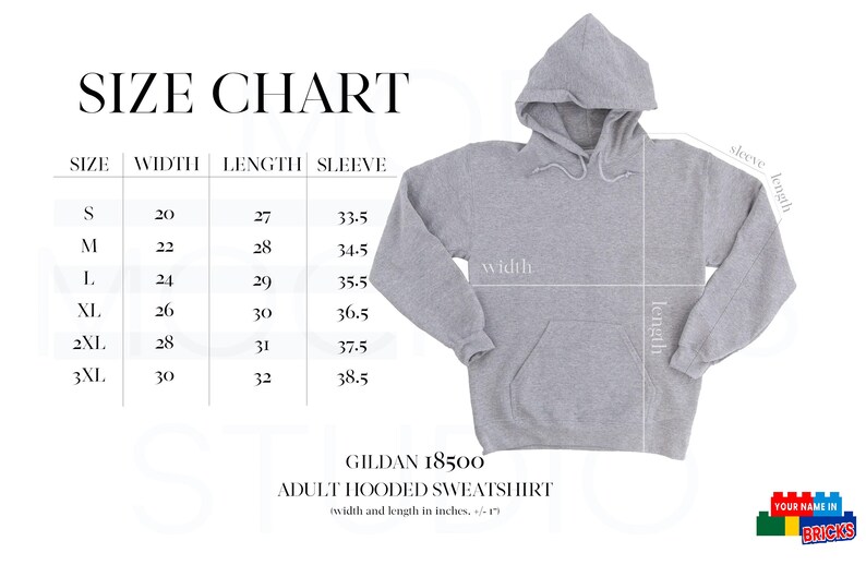 May include: Size chart for a Gildan 18500 adult hooded sweatshirt. The chart shows the width, length, and sleeve length in inches for sizes S to 3XL.