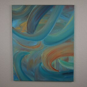 May include: Abstract painting with swirling blue, green, and orange brushstrokes. The painting has a textured, layered look, with the colors blending together.